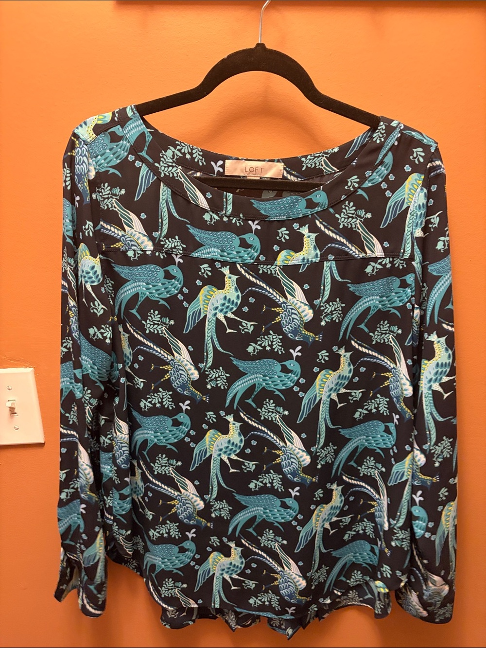 LOFT Navy Bird-Print Long Sleeve Blouse